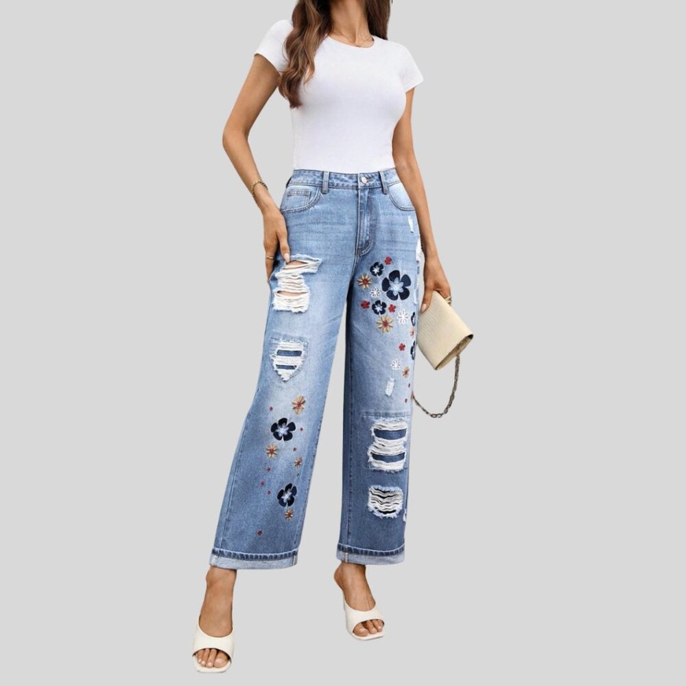 LAST ONE 🔥 Distressed Embroidered High Waist Mom Ankle Jeans Blue - Picture 4 of 9